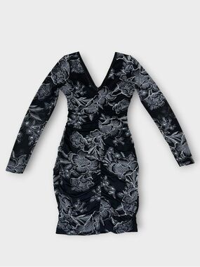 GUESS Black White Floral Mesh Ruched Bodycon Dress Long Sleeve, Size 2